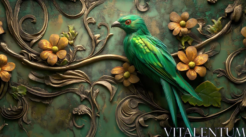 Green Bird with Flowers Decoration Image AI Image