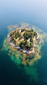 Scenic Aerial Island with Rocky Shores and Vegetation