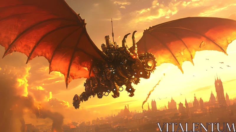 AI ART Mechanical Dragon Sunset Flight Artwork