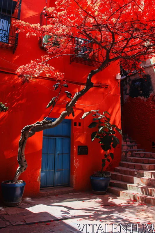 Urban Red Building with Blue Door AI Image