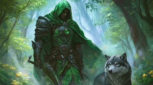 Green Armored Warrior with Wolf Companion