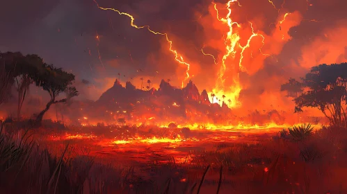 Volcanic Eruption with Firestorm and Lightning in a Fiery Landscape