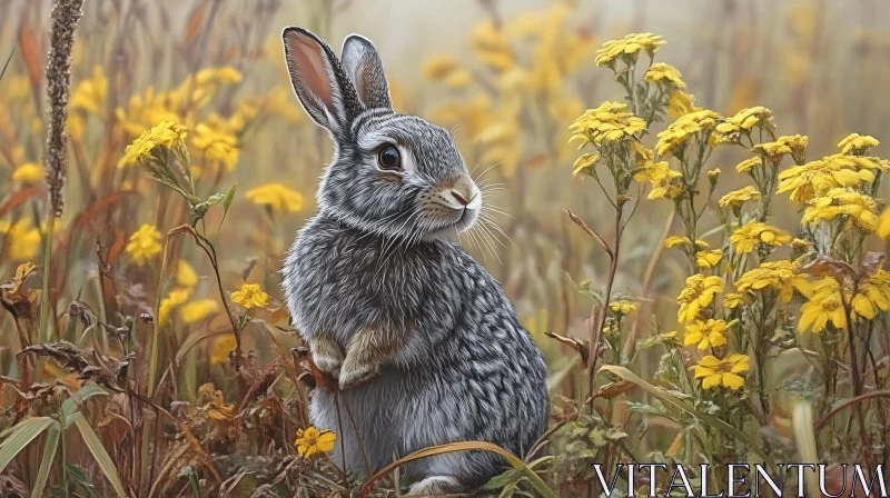 Gray Bunny Among Yellow Blooms AI Image