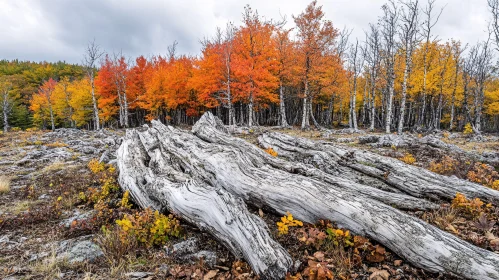 Autumn Fall Forest Scene with Colorful Leaves and Fallen Logs