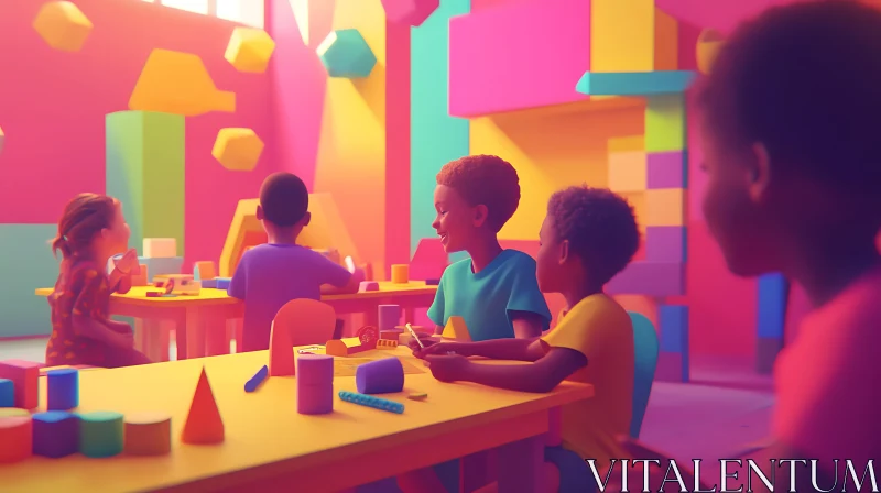 Kids Playtime in Vibrant Schoolroom AI Image