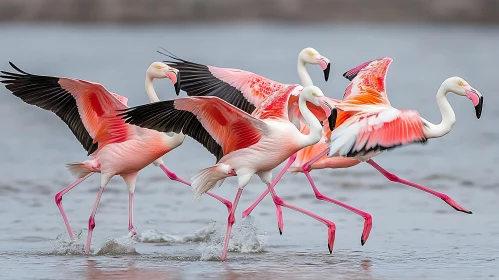 Pink Flamingos Wading