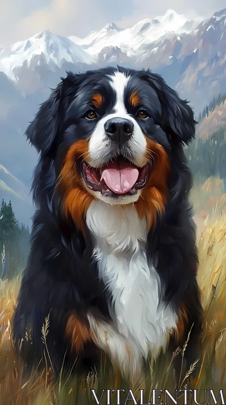 Bernese Mountain Dog in Mountainous Setting AI Image