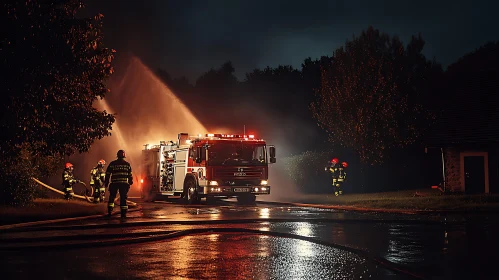 Firetruck and Firefighters at Night