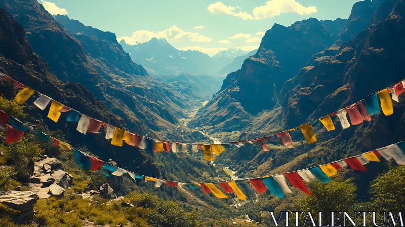 Himalayan Landscape with Prayer Flags AI Image