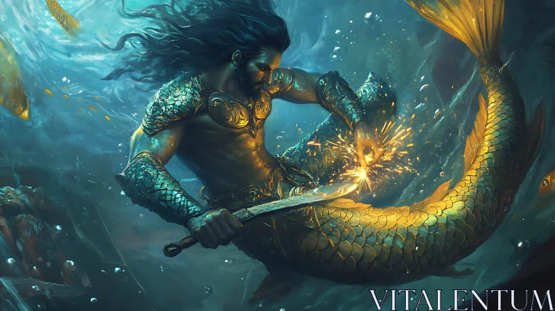 AI ART Underwater Merman with Sword