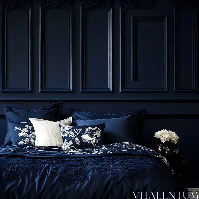 Elegant Navy Blue Bedroom with Floral Bedding AI Image