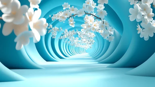 Blue Abstract Tunnel with Floral Accents