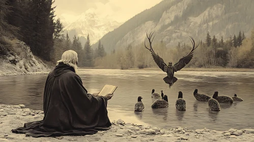 Man Reading Book with Eagle