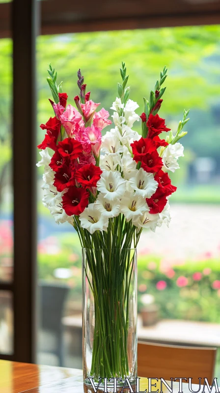 Red, White, and Pink Gladiolus in a Clear Vase AI Image