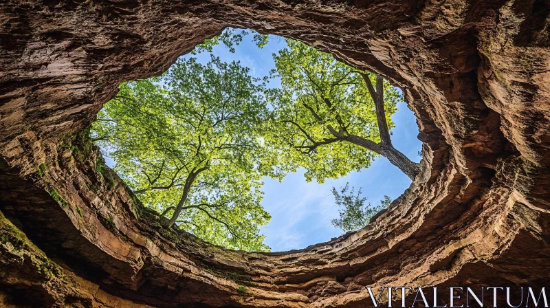 AI ART Cave Skylight: Trees and Sky from Below