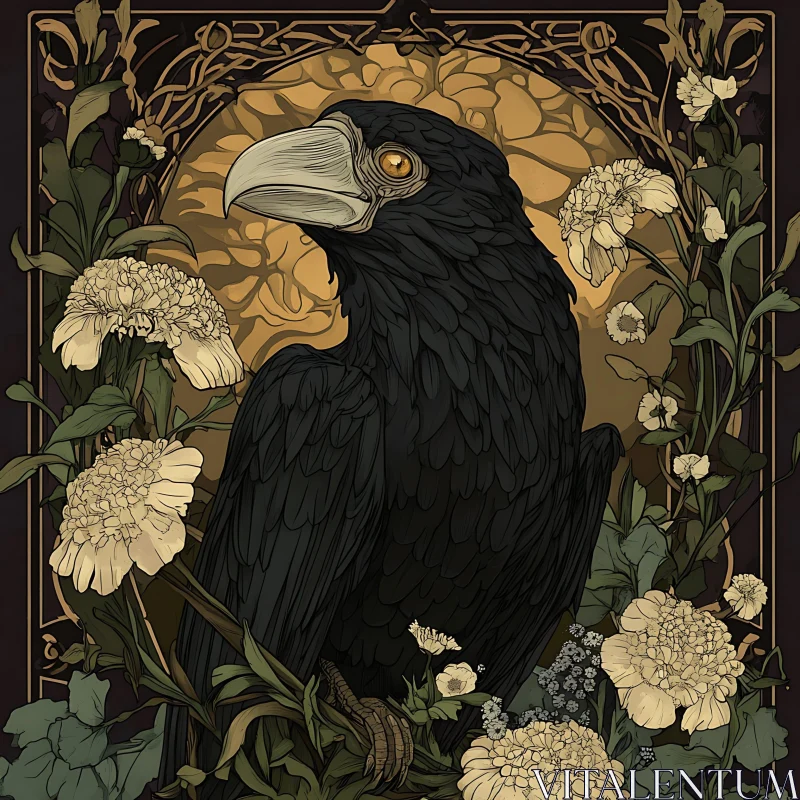 Floral Raven Illustration AI Image