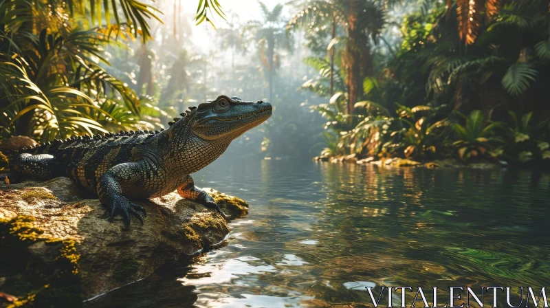 Alligator on a Rock in a Serene River - A Captivating Natural Image AI Image