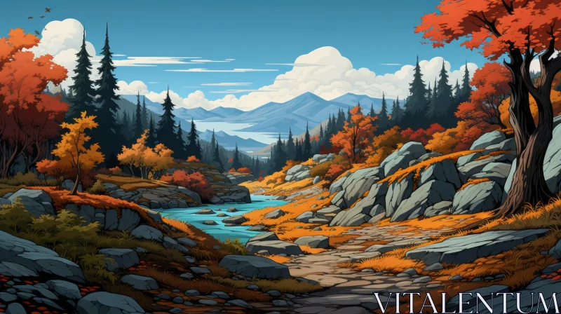 Autumn Forest Painting: A Lush Landscape in Sky-Blue and Amber AI Image