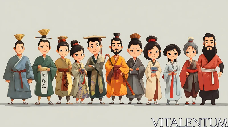 Cartoon Figures in Ancient Chinese Dress AI Image