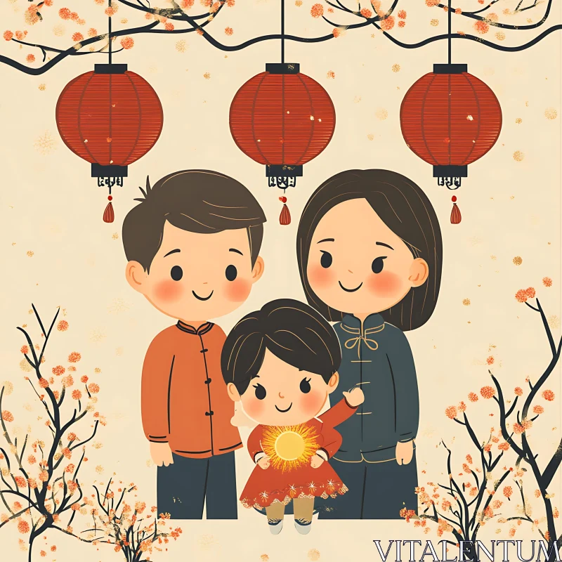 Joyful Family Moment with Red Lanterns AI Image