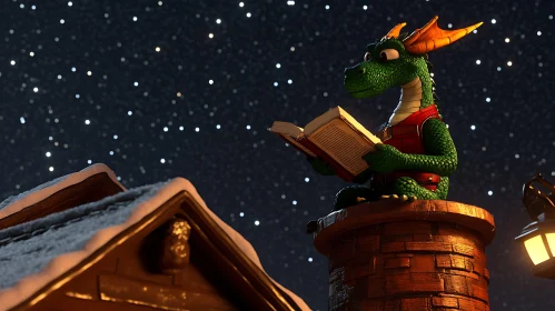 Whimsical Dragon Reading on Chimney Top