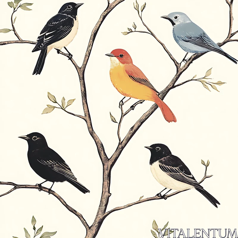 Five Birds on a Tree Branch AI Image