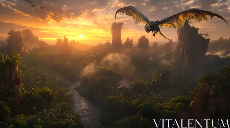 Sunset Dragon in Fantasy World AI Image