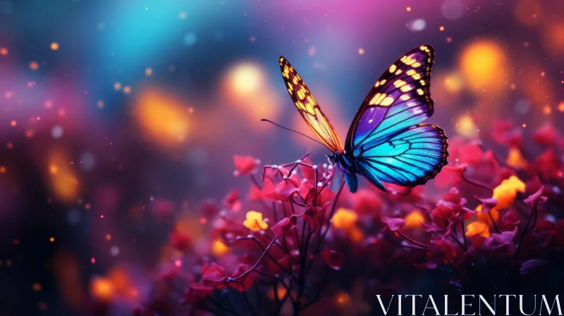 Butterfly Basking in Sunlight Amidst Purple Flowers - Abstract Wallpaper AI Image