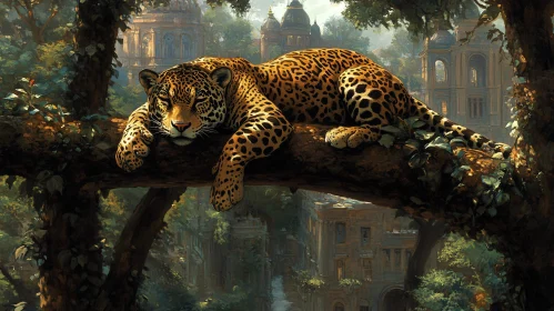 Leopard on Tree Amidst Ancient Ruins