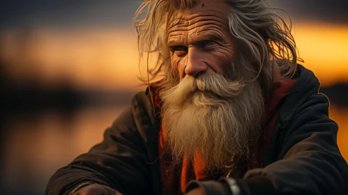 Captivating Portrait: An Old Man with a Majestic Beard at Sunset