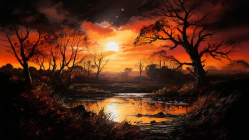 Captivating River Painting in Black and Orange | Traditional British Landscapes