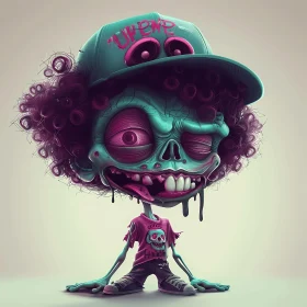 Cartoon Zombie with Green Cap and Purple Hair Illustration