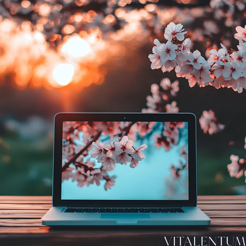 Cherry Blossoms and Technology at Sunset AI Image