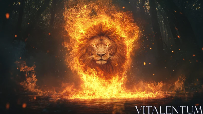 Fiery Lion Portrait in Dark Forest AI Image