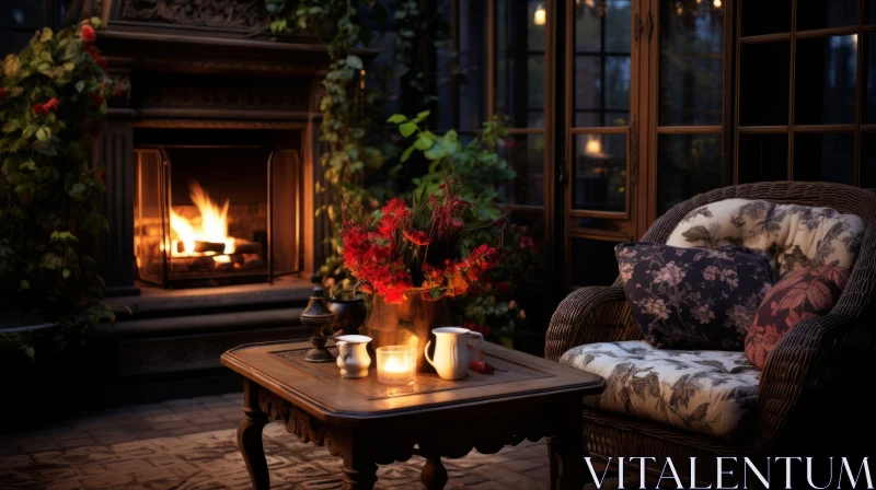 Dreamy Evening Scene with Fireplace and Romantic Ambience AI Image