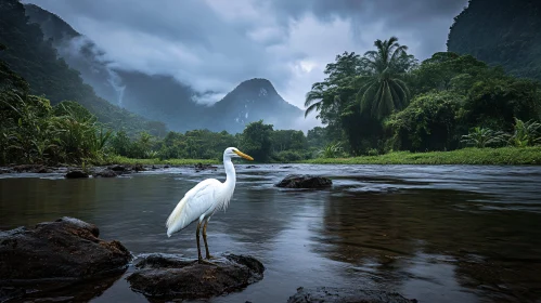 Tropical River and Misty Mountain Scenery with White Heron