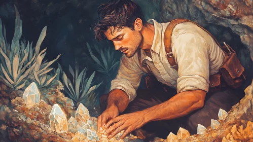 Man Inspecting Crystals Painting