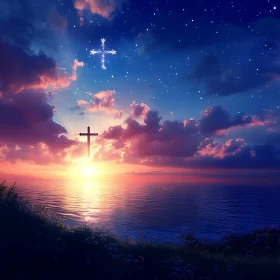 Serene Seascape with Religious Symbolism