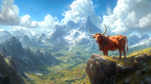Bull on Cliff in Mountainous Scenery