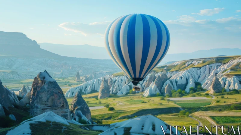 Hot Air Balloon Soaring Above Cappadocia's Majestic Mountains AI Image