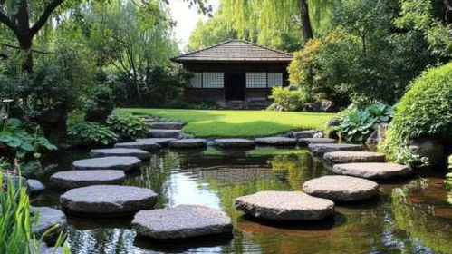 Japanese Garden with Stepping Stones and Fountain
