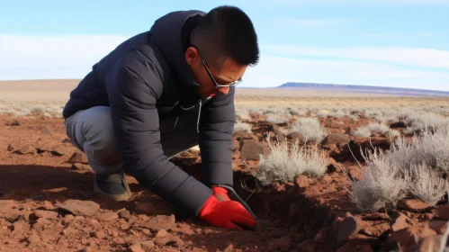 Kneeling Man in Red Desert: Organic Material and Indigenous Culture