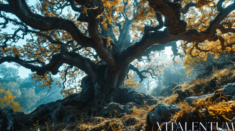 Majestic Oak Tree in a Lush Green Forest AI Image