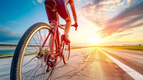 Male Cyclist Riding Bike on Roadway at Sunset