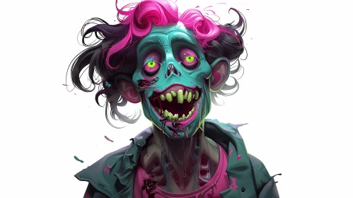 Photorealistic Zombie Portrait with Pink Hair and Green Jacket