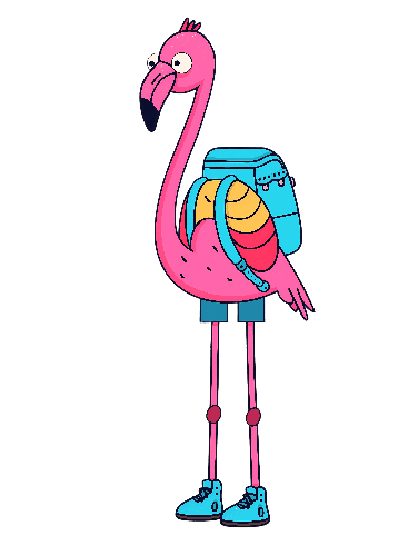 Quirky Cartoon Flamingo with Backpack and Sneakers POD Design