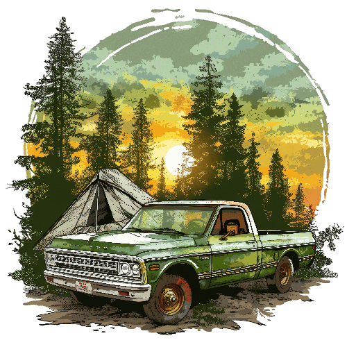 Vintage Truck and Camping Scene at Sunset in Forest