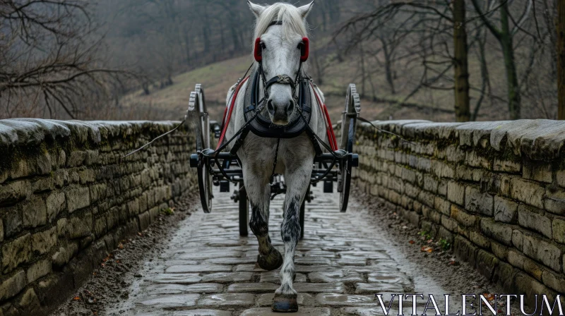 White Horse Riding Down Road with Carriage - Atmospheric and Moody Landscape AI Image
