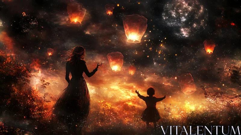 AI ART Sky Lanterns with Mother and Child