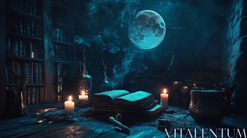 Candlelit Book with Moon AI Image